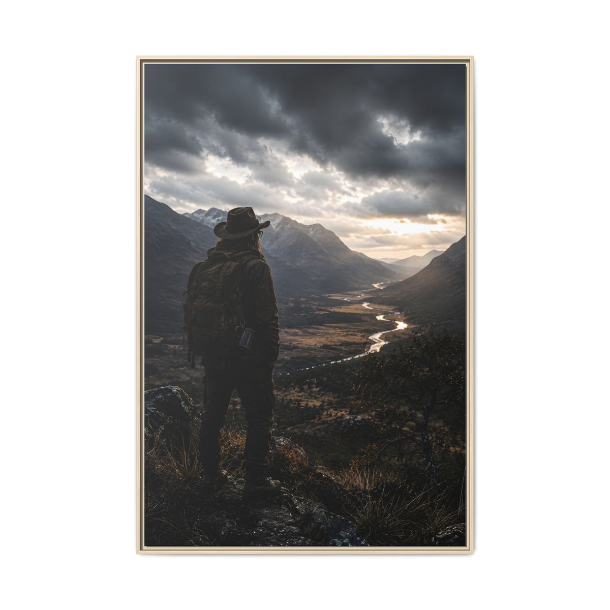 Wanderer in the Valley Matte Framed Canvas – Adventure Landscape Wall Art