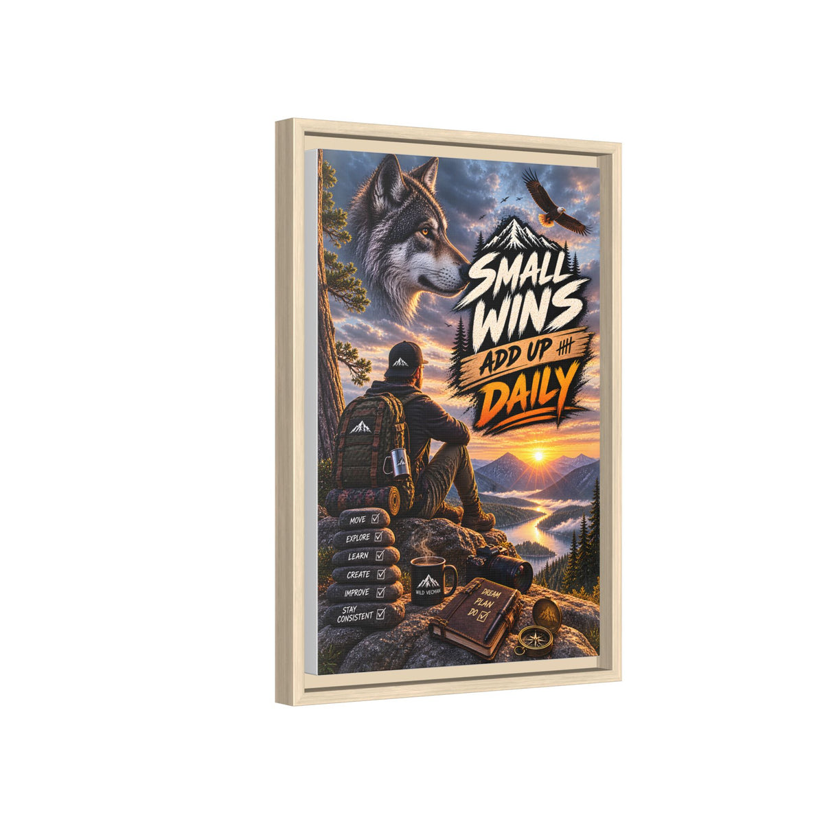 Small Wins Add Up Daily Framed Canvas Wall Art — Motivational Hiking Print