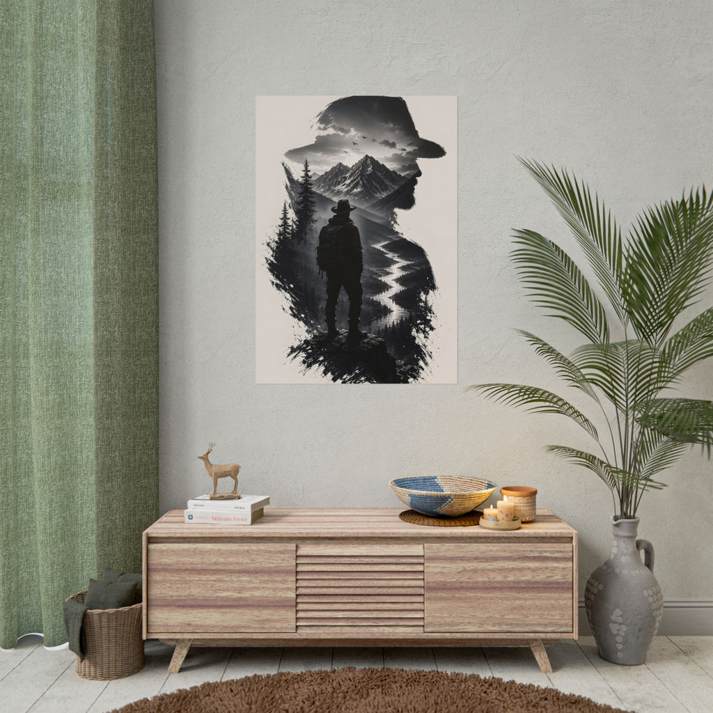 Adventure Silhouette Poster — Hiker, Mountains & River Rolled Wall Art