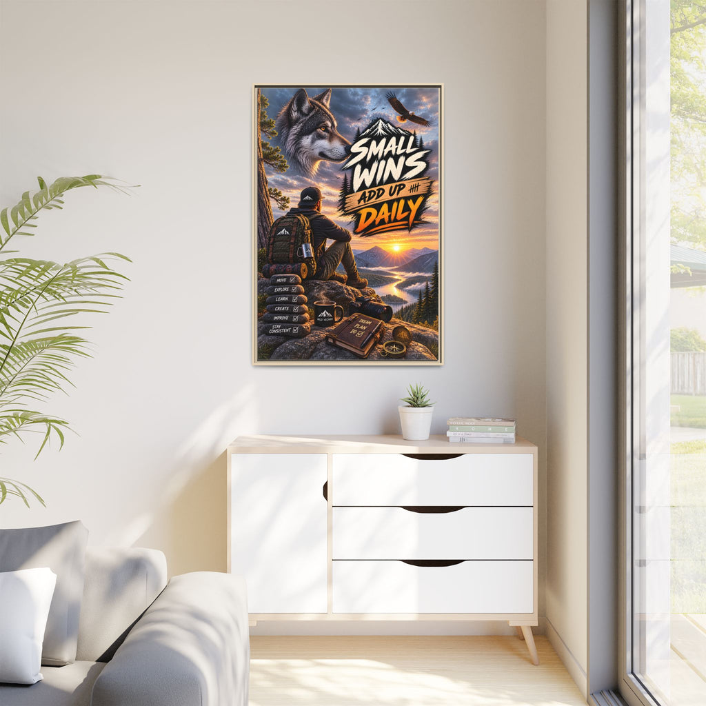 Small Wins Add Up Daily Framed Canvas Wall Art — Motivational Hiking Print