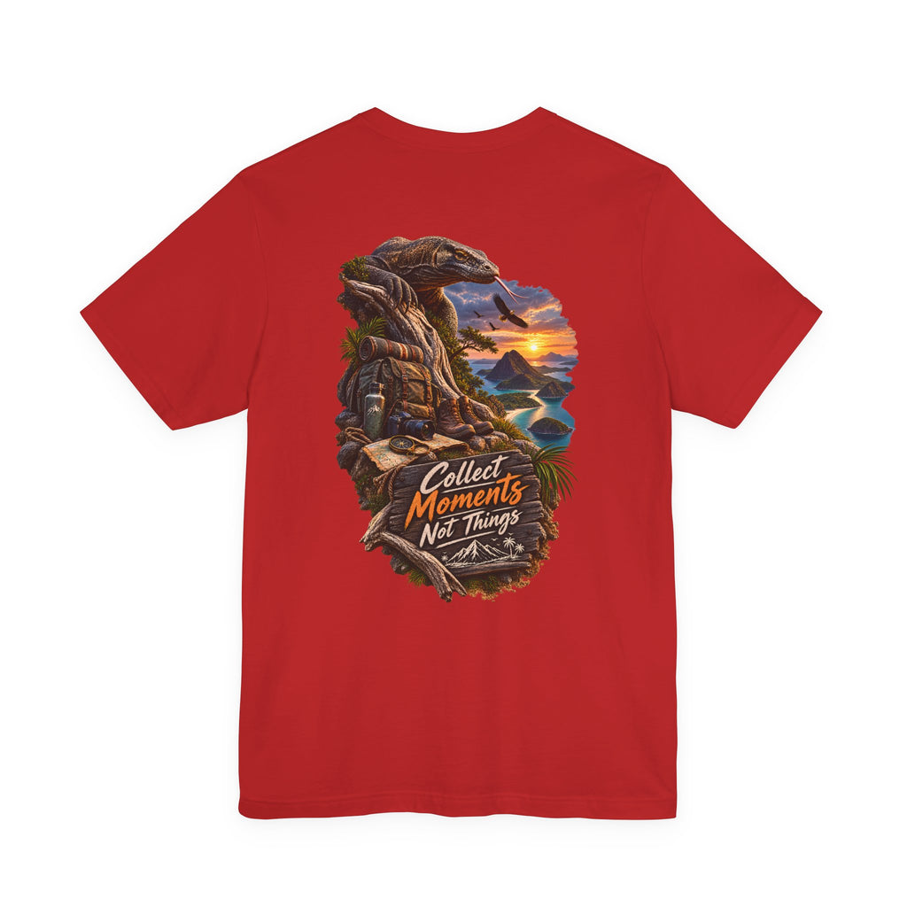 T-shirt « Collect Moments Not Things » — Haut avec paysage de coucher de soleil et aventure