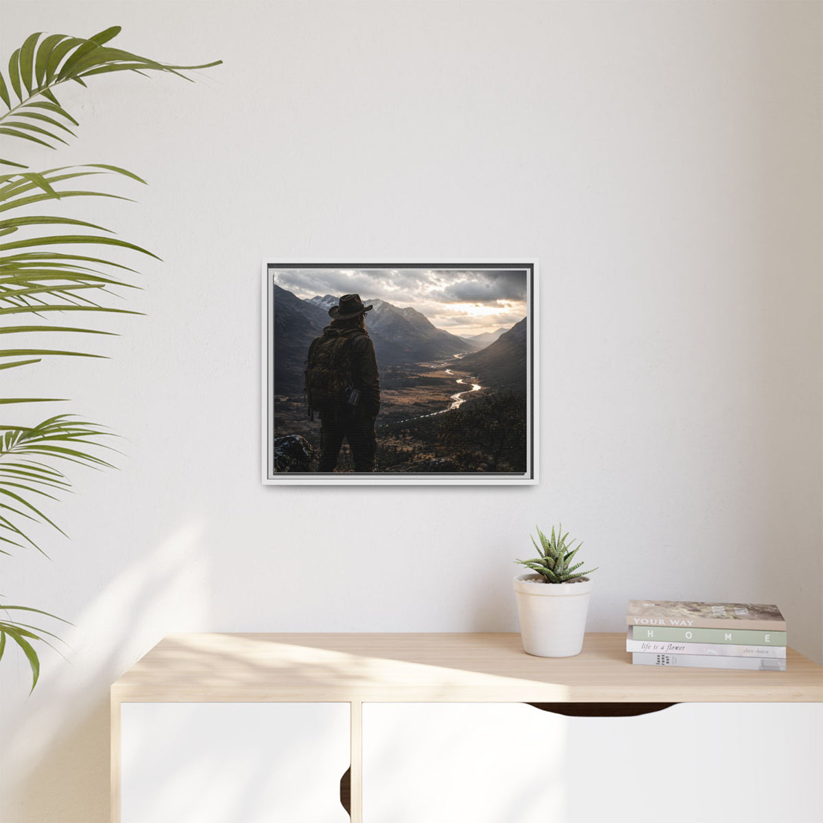 Wanderer in the Valley Matte Framed Canvas – Adventure Landscape Wall Art
