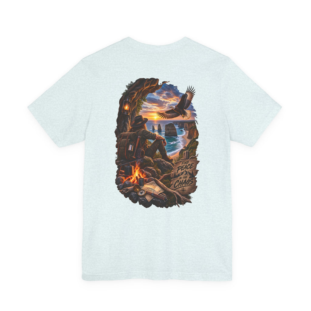 T-shirt Aventure au feu de camp côtier — Tee-shirt Coucher de soleil, Aigle & Explorateur du bord de mer