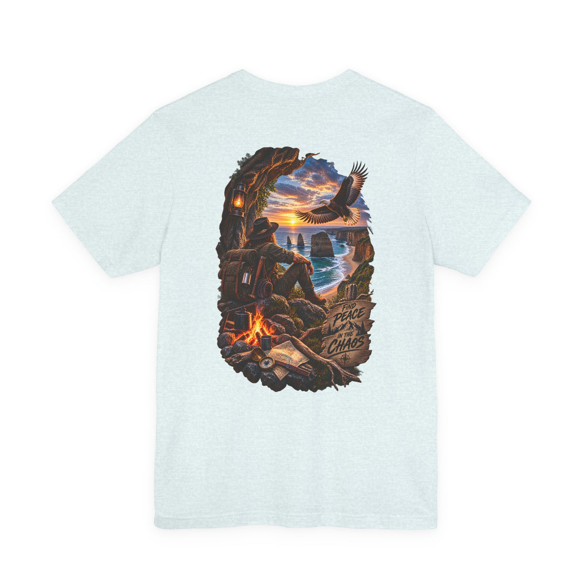 Coastal Campfire Adventure T-Shirt — Sunset, Eagle & Seaside Explorer Tee