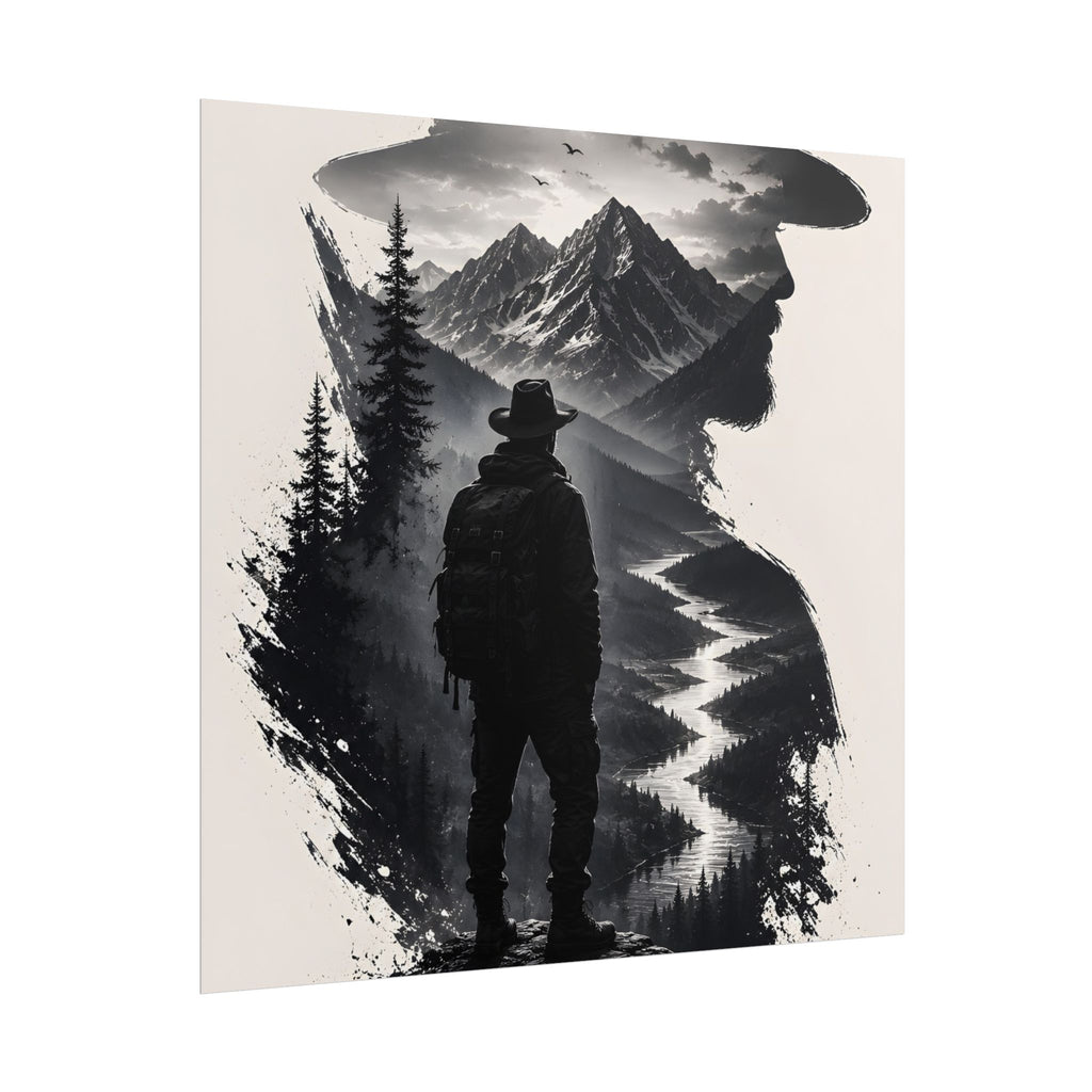 Adventure Silhouette Poster — Hiker, Mountains & River Rolled Wall Art