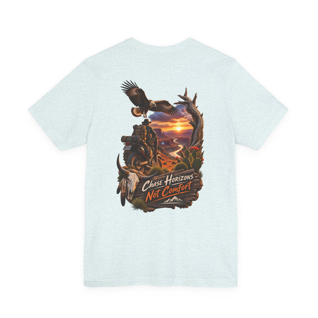 T-shirt Chase Horizons Not Comfort — Tee-shirt à motif coucher de soleil pour moto d'aventure