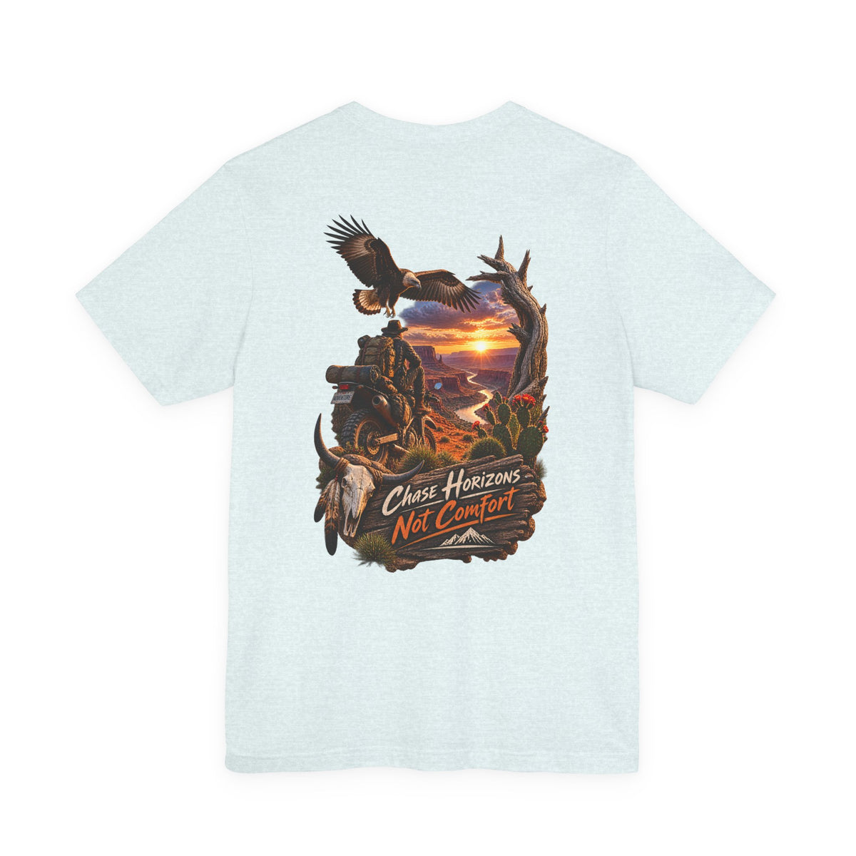 Chase Horizons Not Comfort T-Shirt — Adventure Motorcycle Sunset Graphic Tee