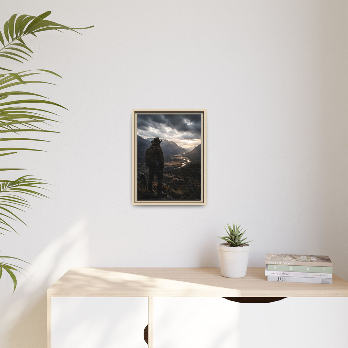 Wanderer in the Valley Matte Framed Canvas – Adventure Landscape Wall Art