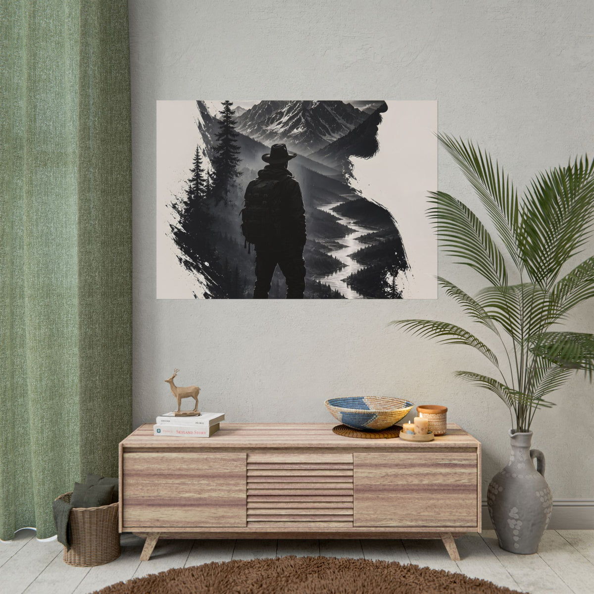 Adventure Silhouette Poster — Hiker, Mountains & River Rolled Wall Art