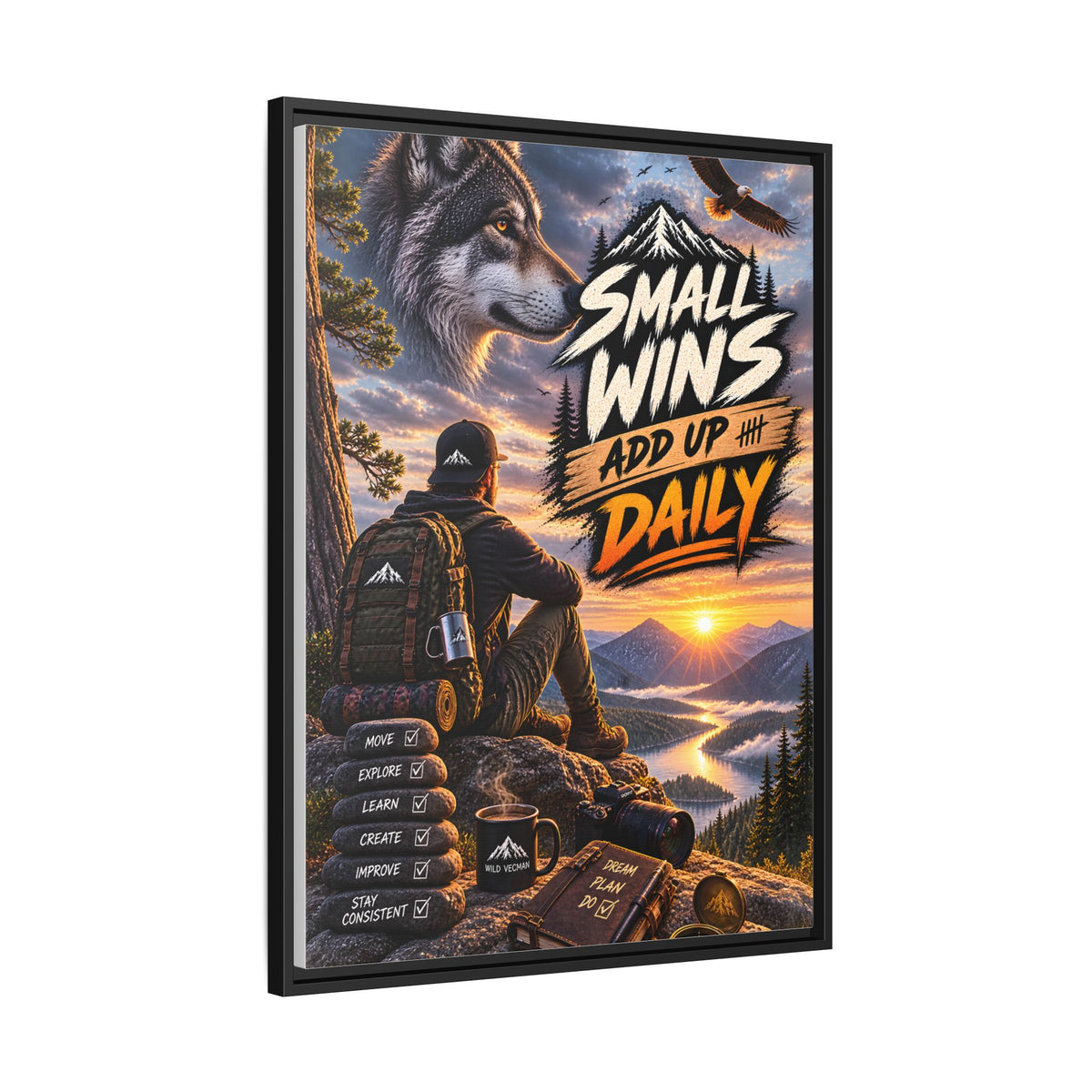 Small Wins Add Up Daily Framed Canvas Wall Art — Motivational Hiking Print