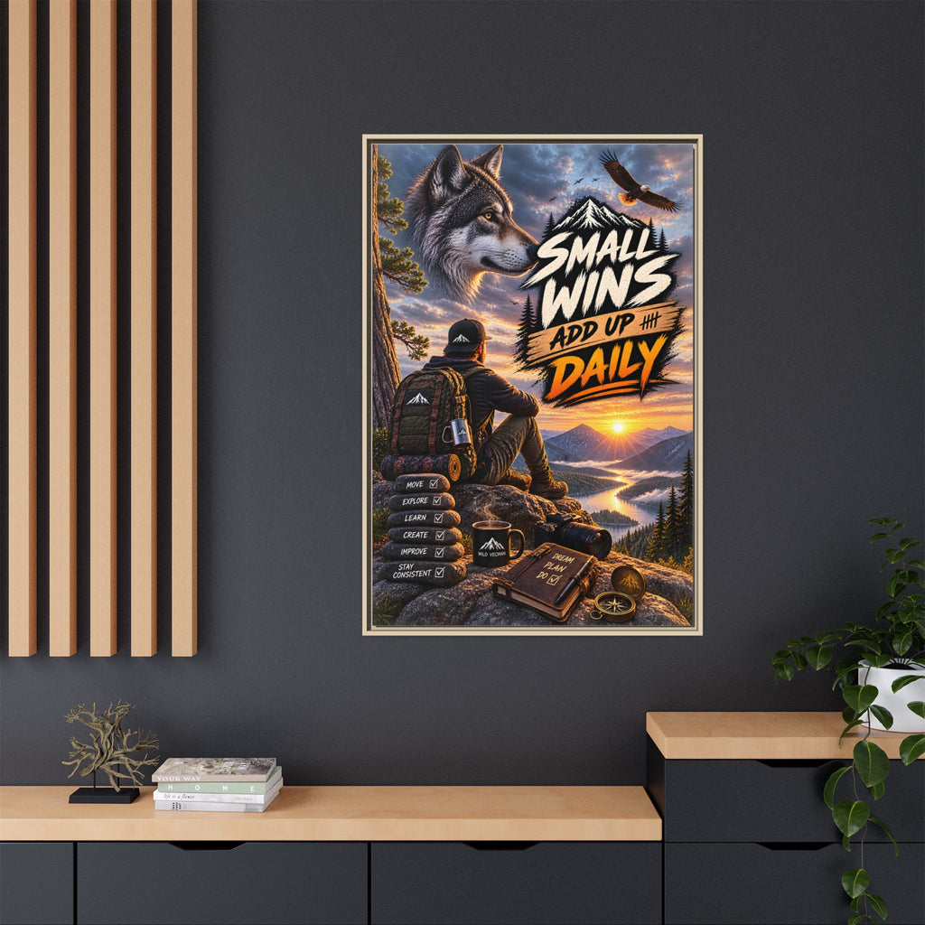 Small Wins Add Up Daily Framed Canvas Wall Art — Motivational Hiking Print