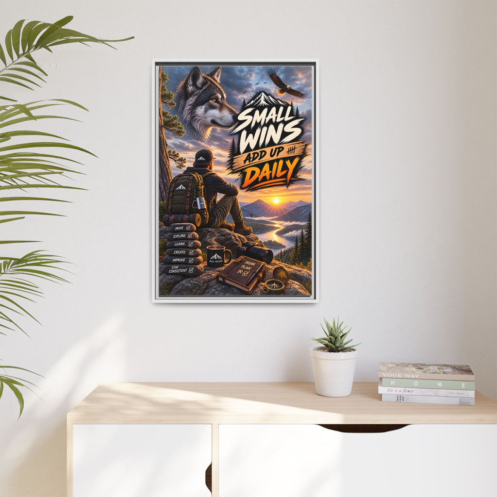 Small Wins Add Up Daily Framed Canvas Wall Art — Motivational Hiking Print