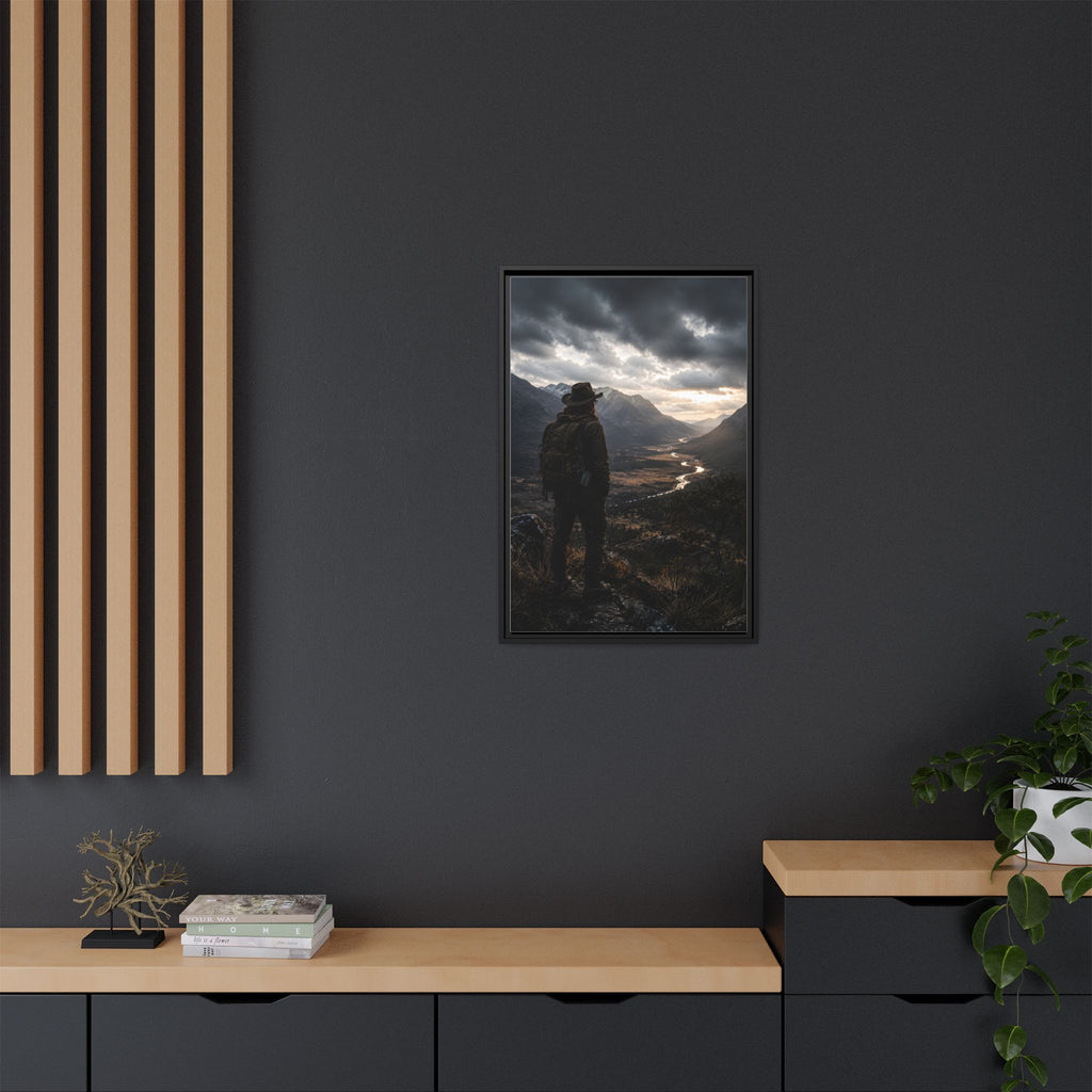 Wanderer in the Valley Matte Framed Canvas – Adventure Landscape Wall Art