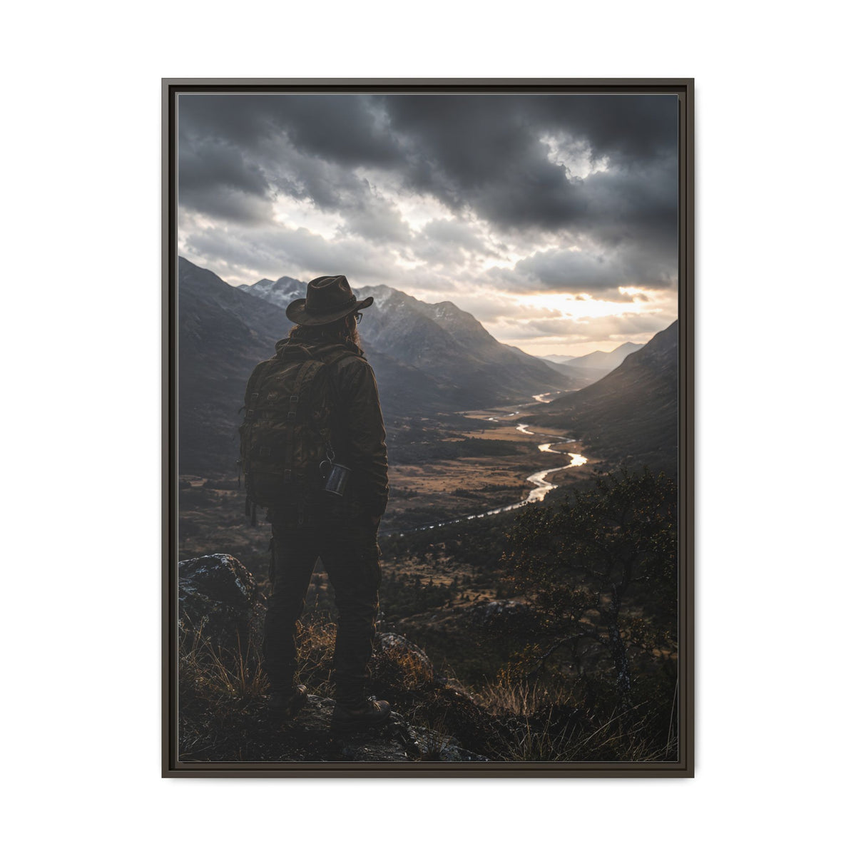 Wanderer in the Valley Matte Framed Canvas – Adventure Landscape Wall Art