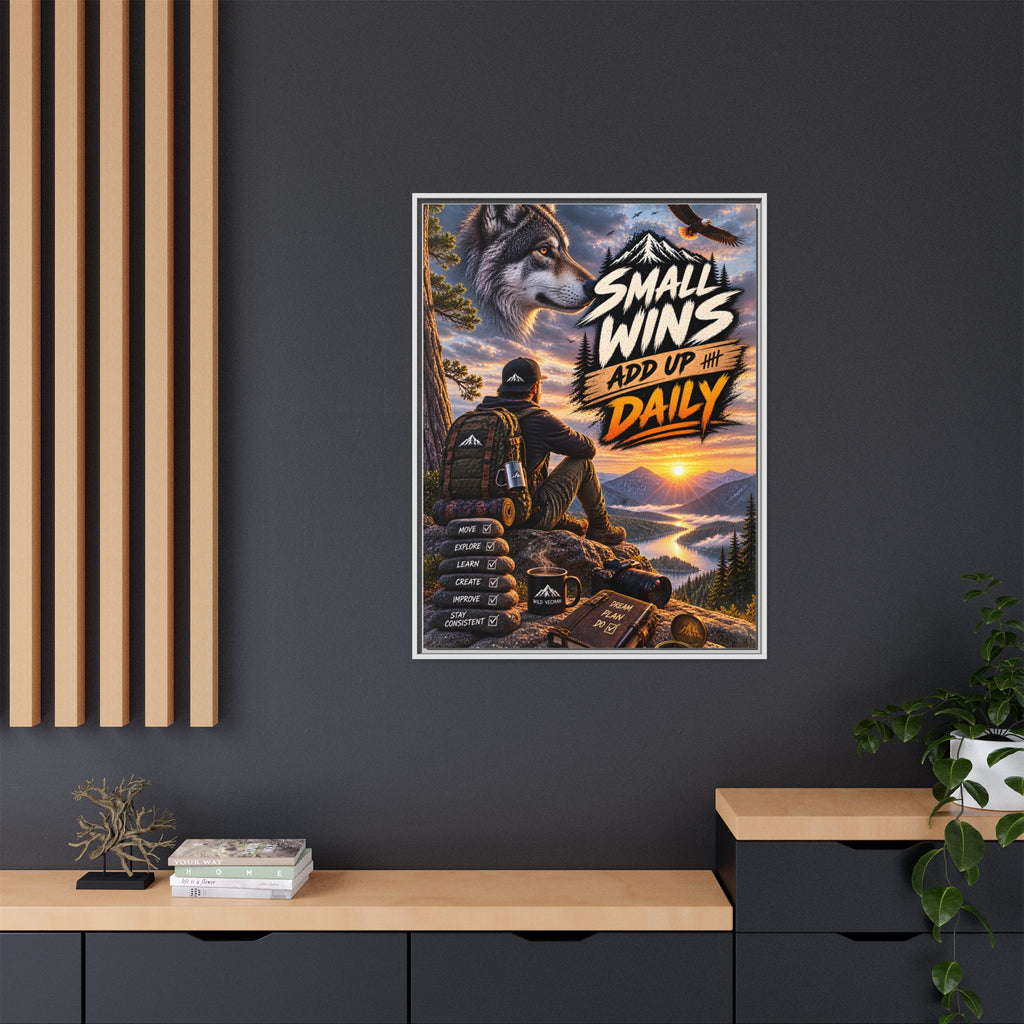 Small Wins Add Up Daily Framed Canvas Wall Art — Motivational Hiking Print