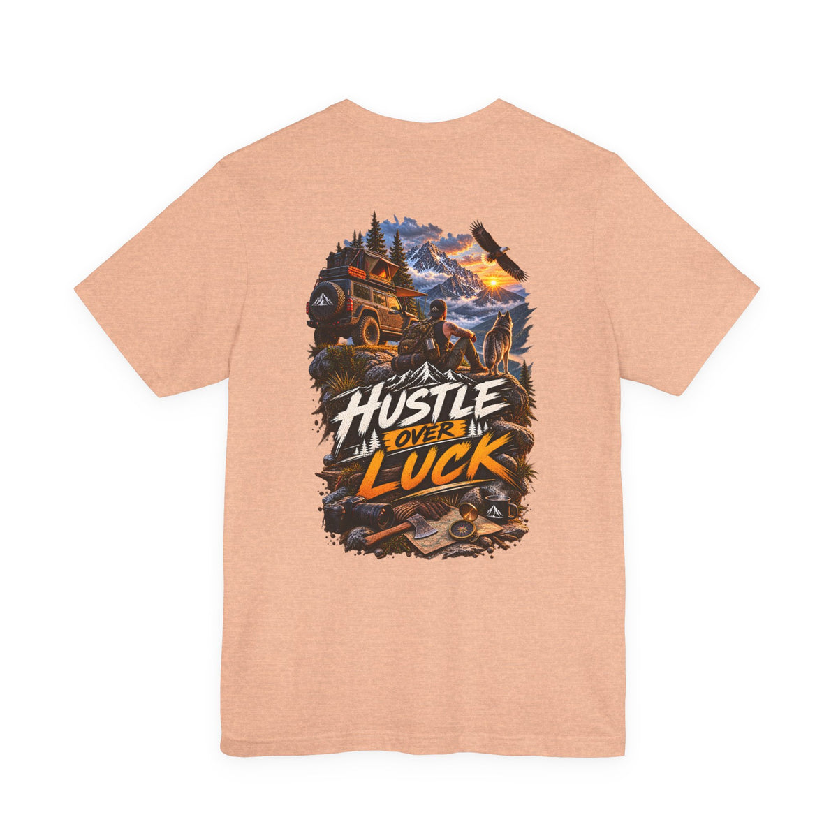 Hustle Over Luck Graphic Tee — Adventure Motivation Mountain T-Shirt