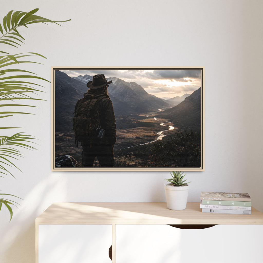 Wanderer in the Valley Matte Framed Canvas – Adventure Landscape Wall Art