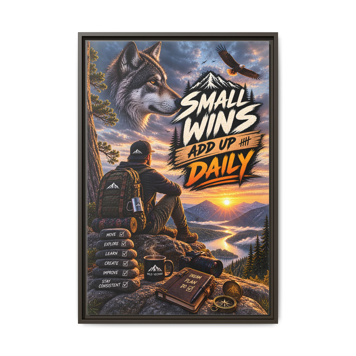 Small Wins Add Up Daily Framed Canvas Wall Art — Motivational Hiking Print