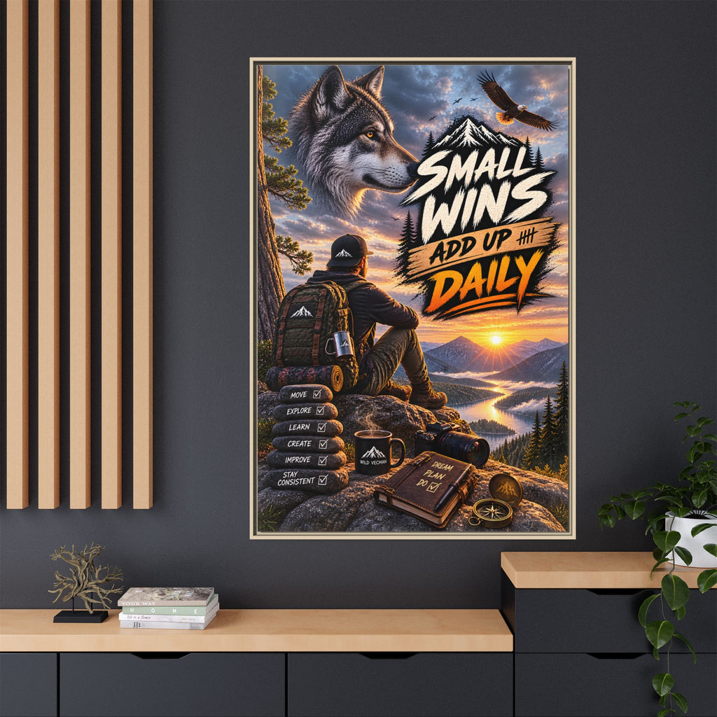 Small Wins Add Up Daily Framed Canvas Wall Art — Motivational Hiking Print