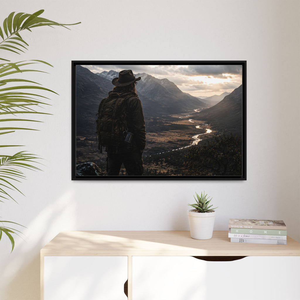 Wanderer in the Valley Matte Framed Canvas – Adventure Landscape Wall Art