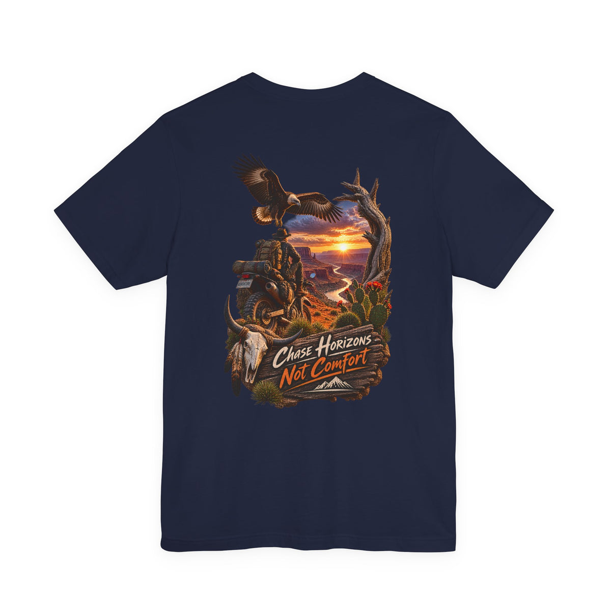 Chase Horizons Not Comfort T-Shirt — Adventure Motorcycle Sunset Graphic Tee