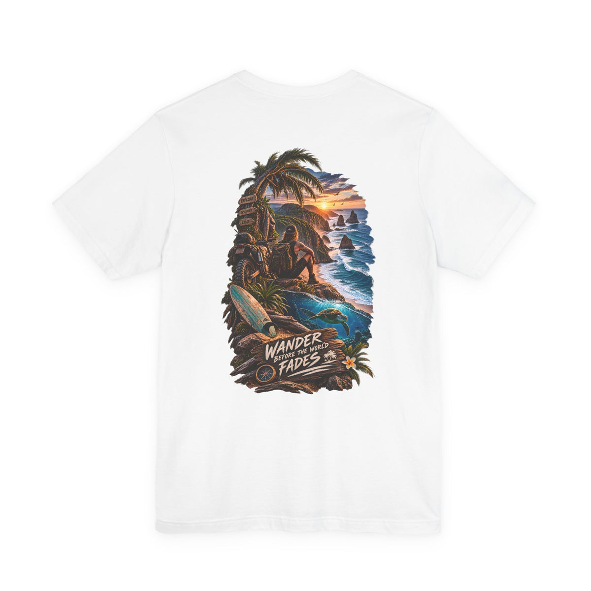 T-Shirt — "Wander Never Fades" Surf Sunset Graphic Tee