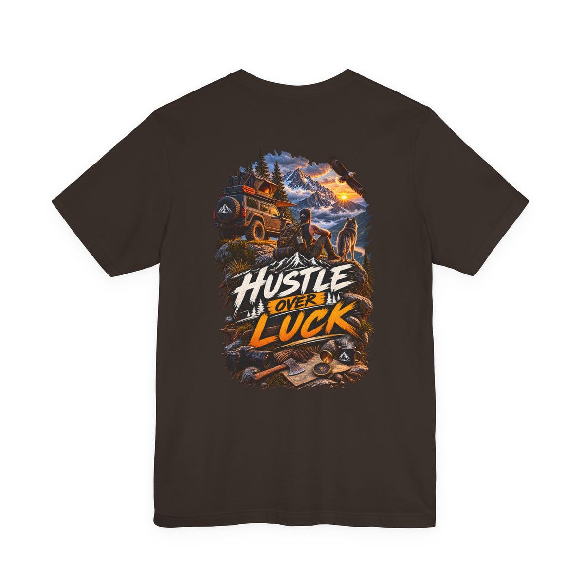 Hustle Over Luck Graphic Tee — Adventure Motivation Mountain T-Shirt
