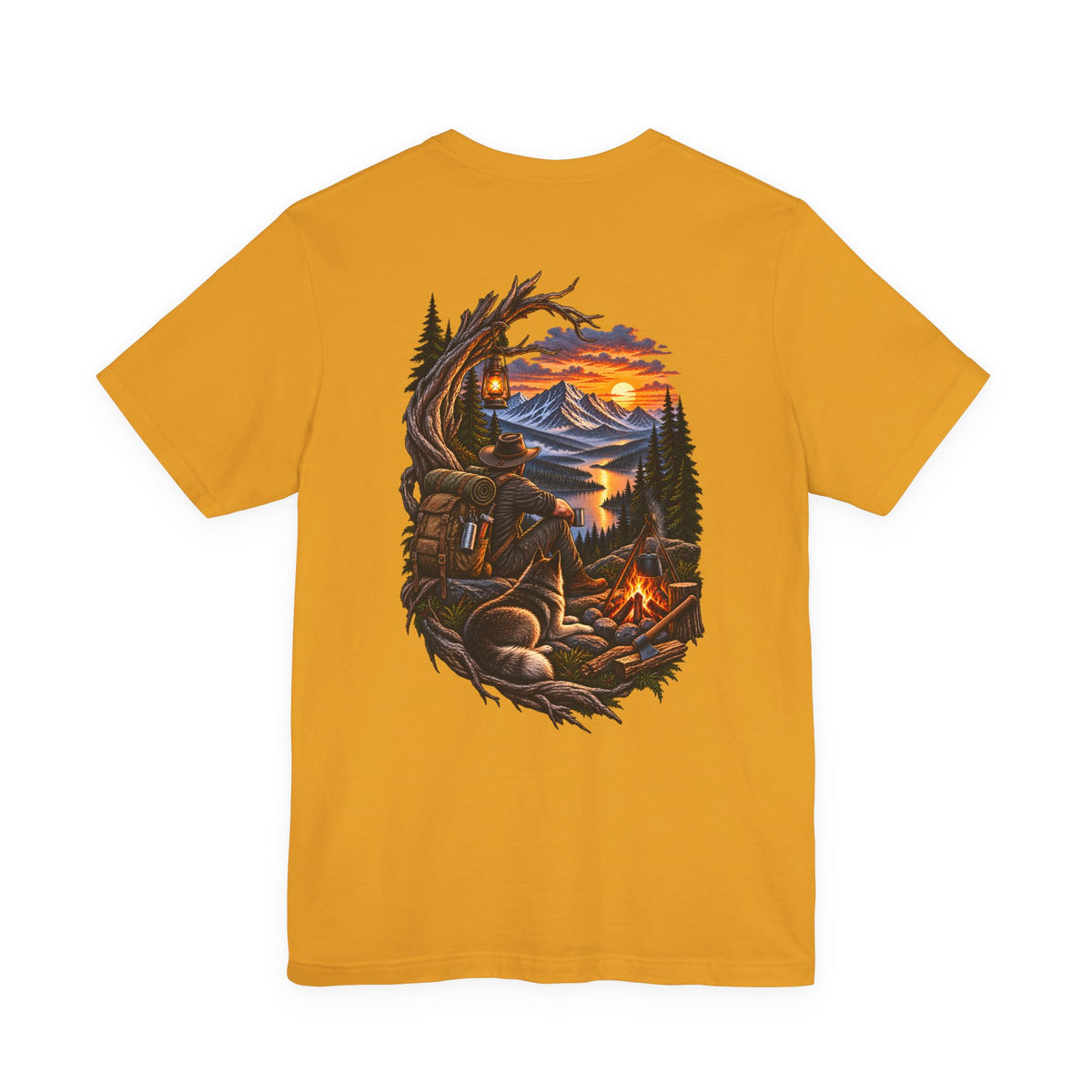 Camping Adventure T-Shirt — Mountain Sunset Campfire Graphic