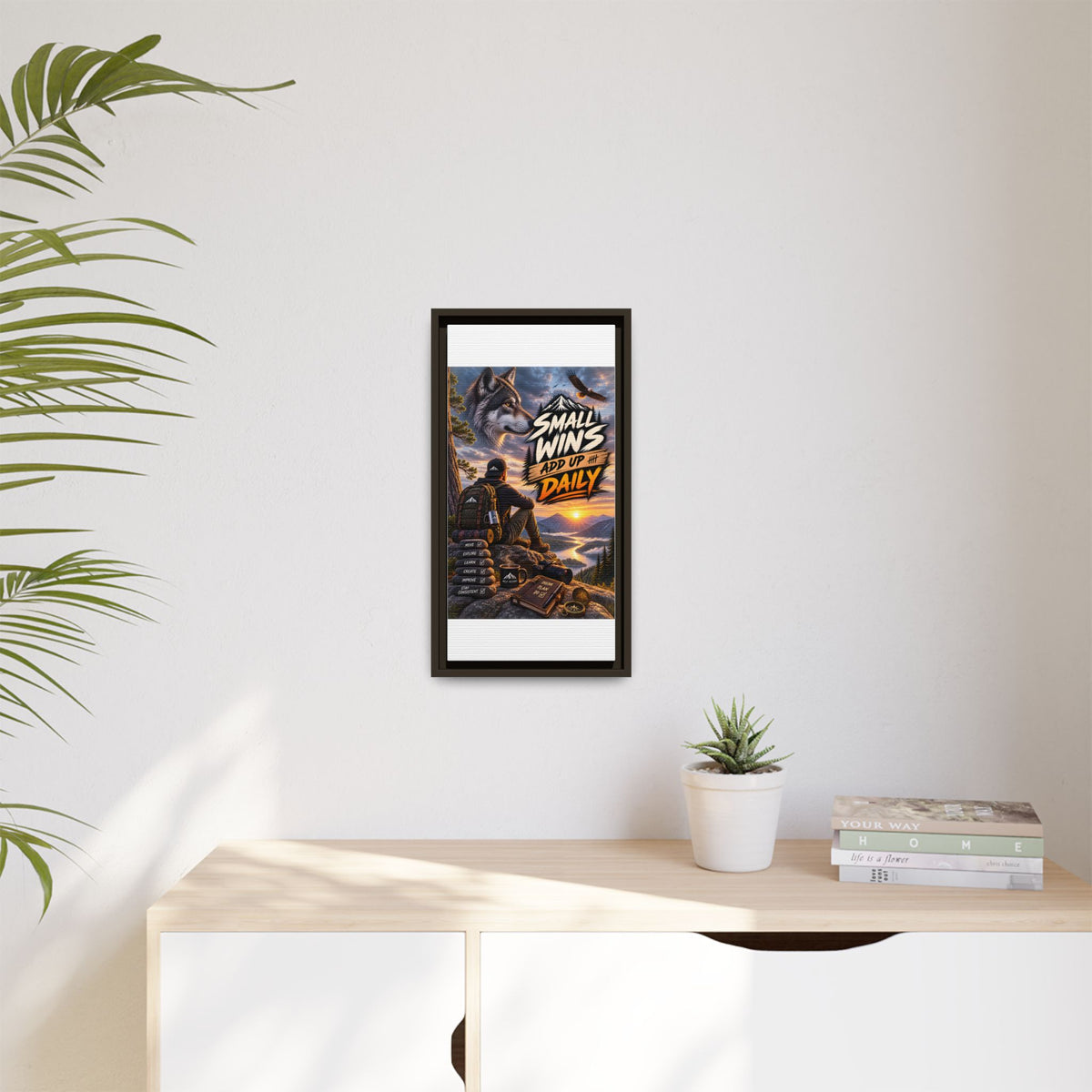 Small Wins Add Up Daily Framed Canvas Wall Art — Motivational Hiking Print