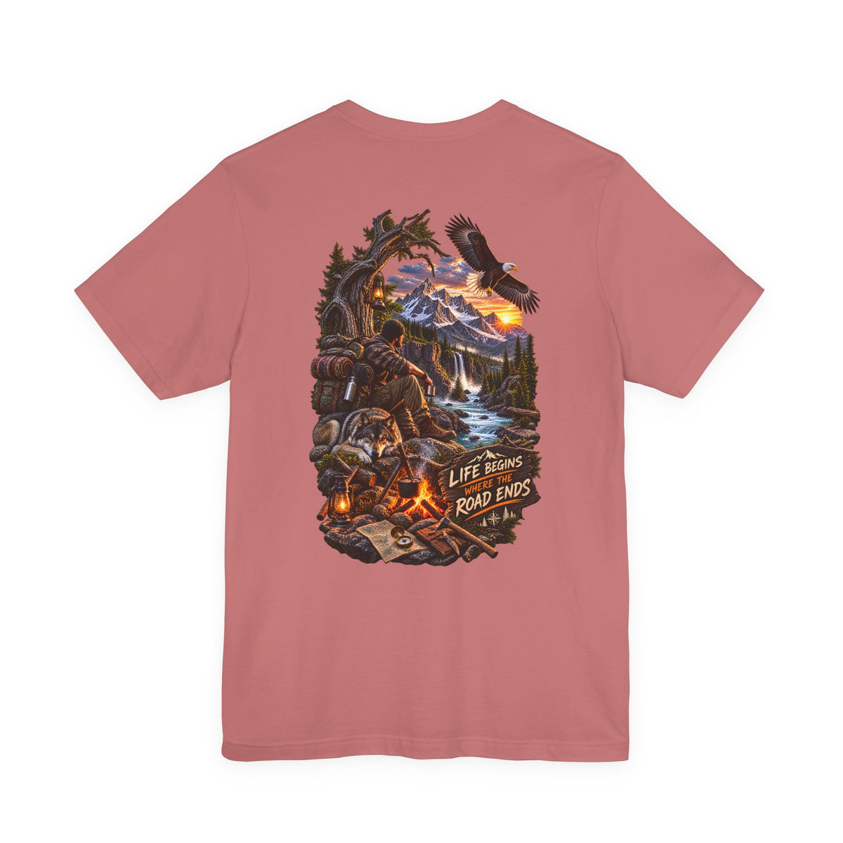 Adventure Campfire Tee — Life Begins Where the Road Ends Graphic T-Shirt