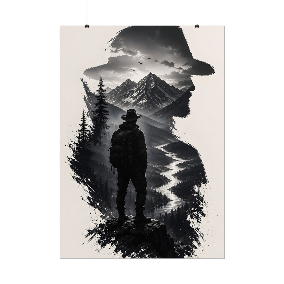 Adventure Silhouette Poster — Hiker, Mountains & River Rolled Wall Art
