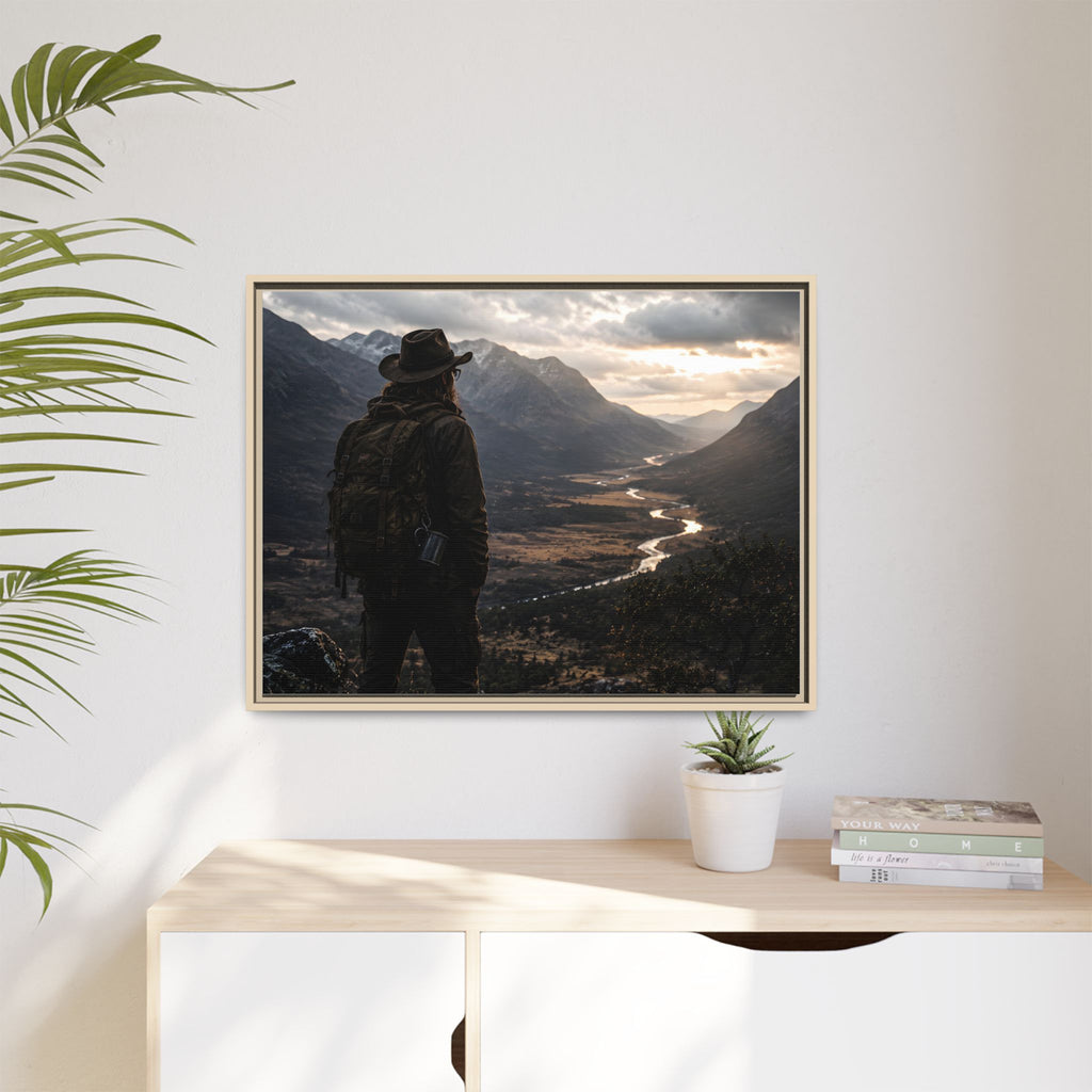 Wanderer in the Valley Matte Framed Canvas – Adventure Landscape Wall Art