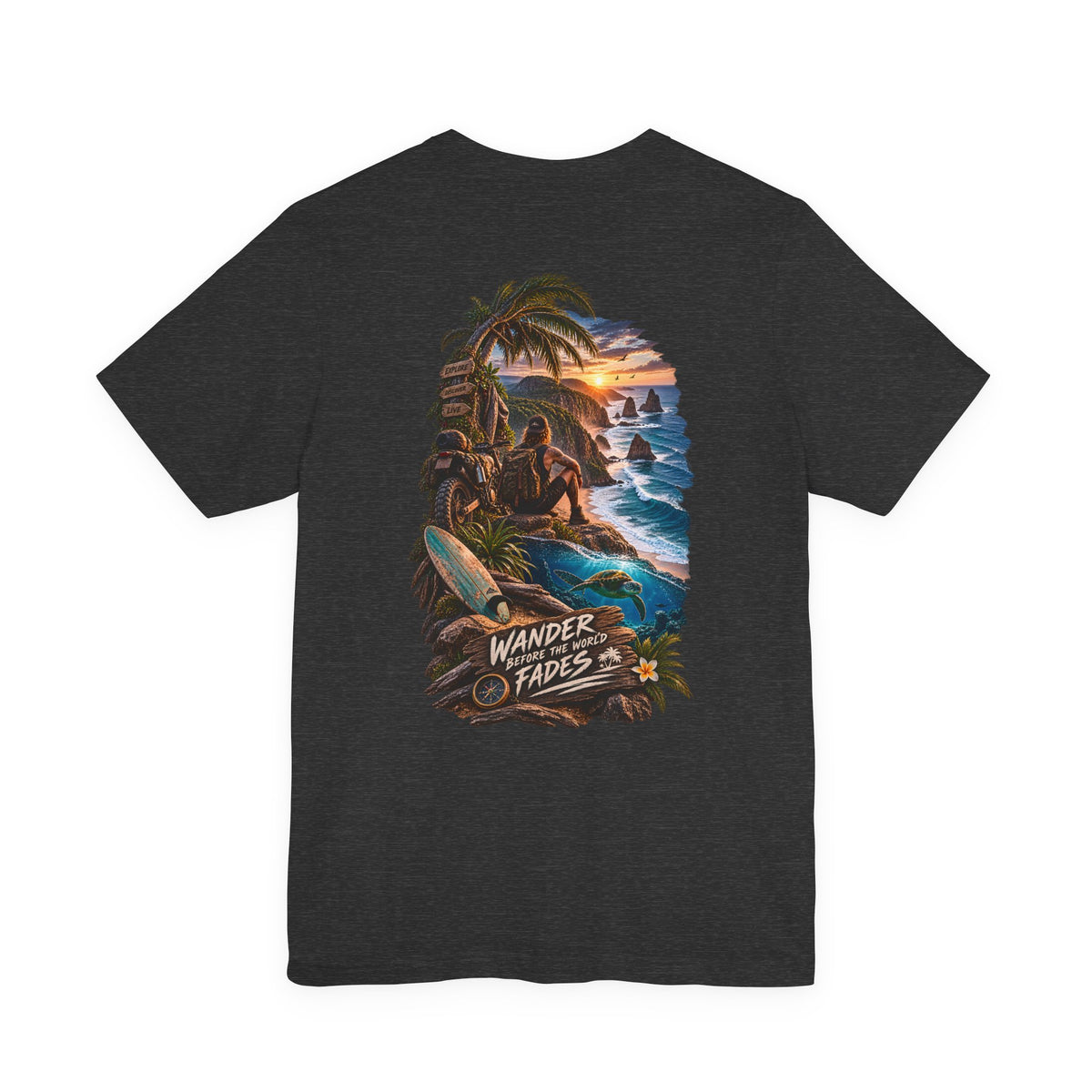 T-Shirt — "Wander Never Fades" Surf Sunset Graphic Tee