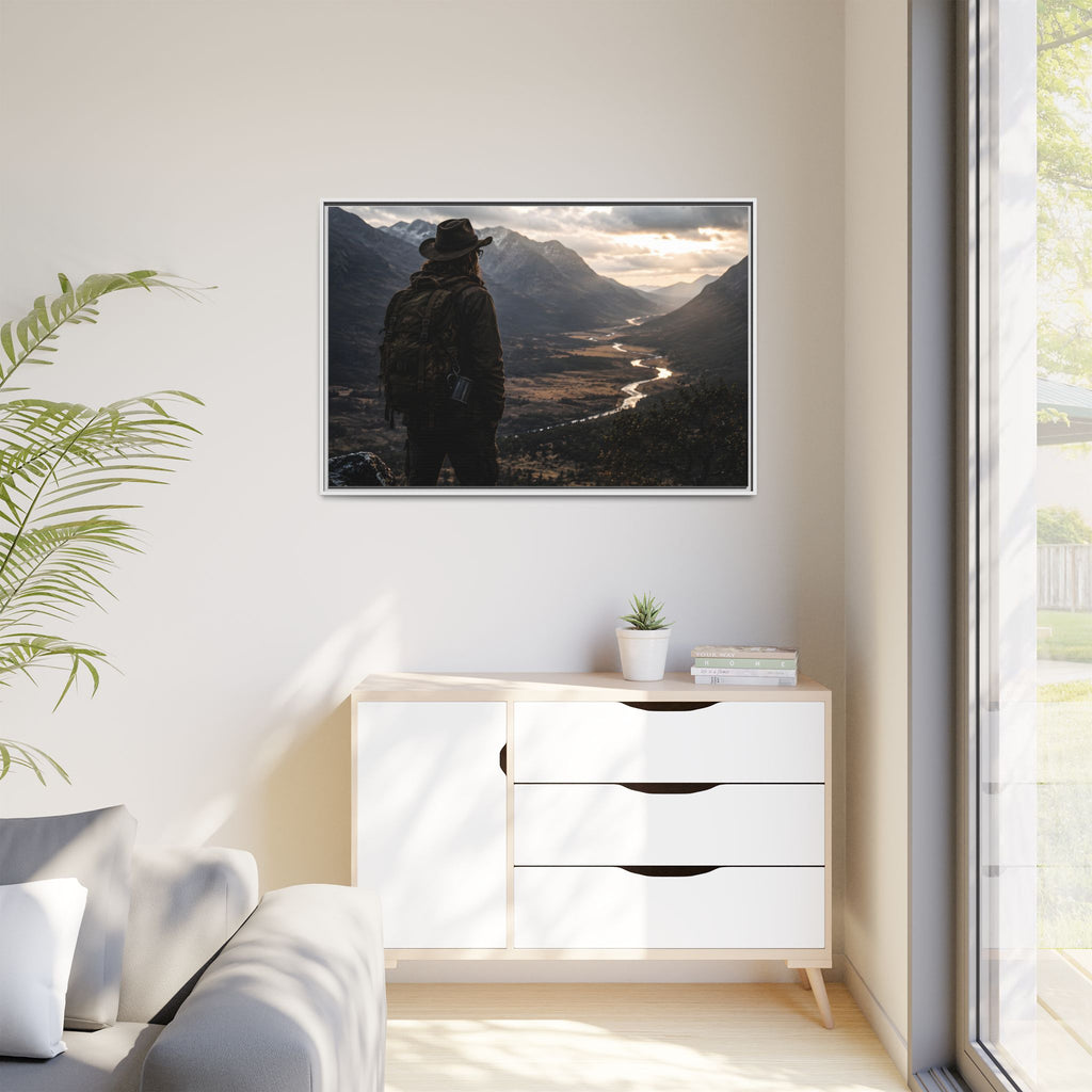Wanderer in the Valley Matte Framed Canvas – Adventure Landscape Wall Art