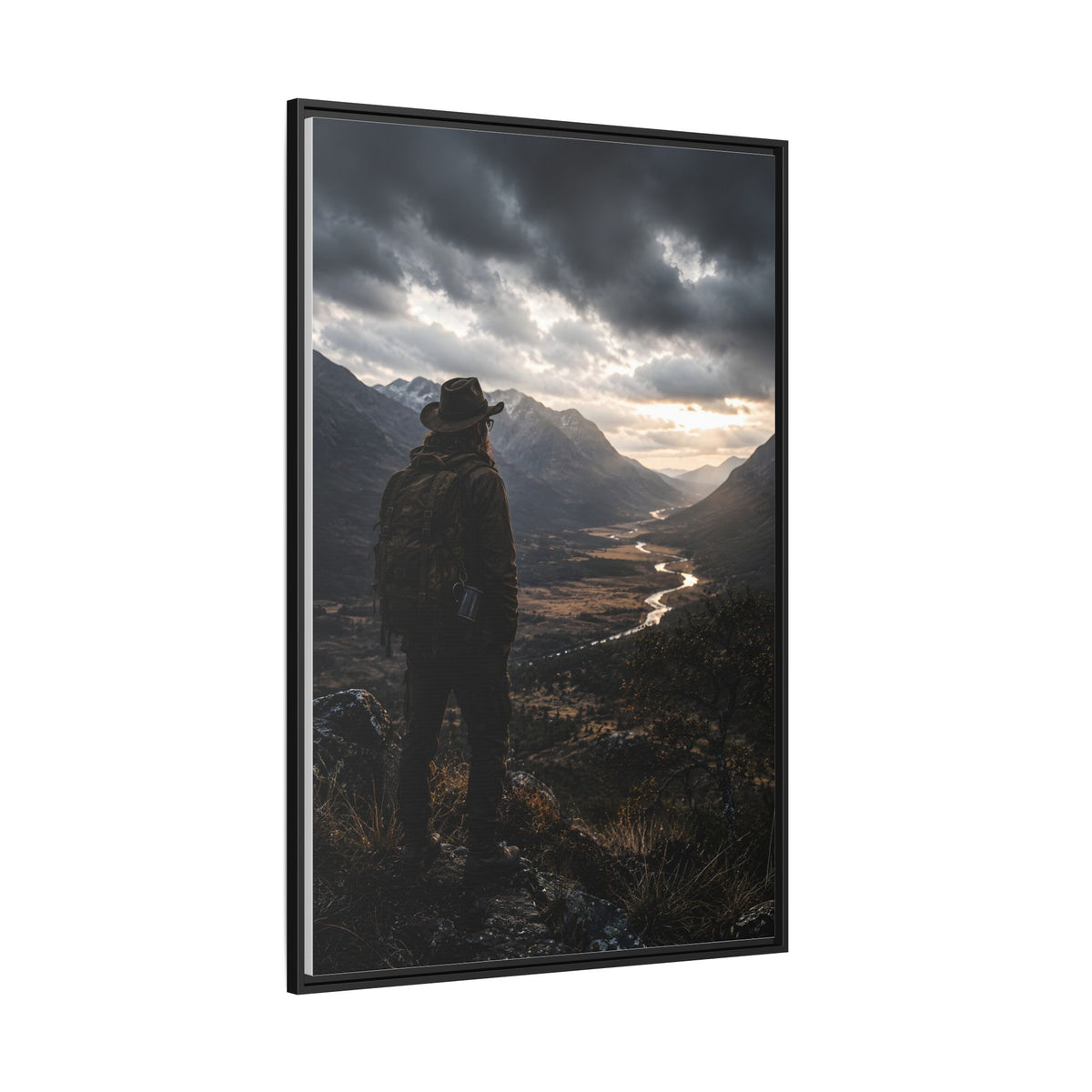 Wanderer in the Valley Matte Framed Canvas – Adventure Landscape Wall Art