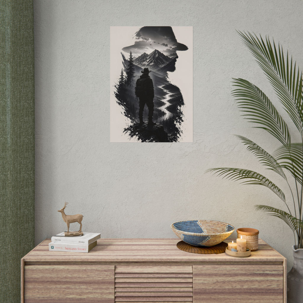 Adventure Silhouette Poster — Hiker, Mountains & River Rolled Wall Art