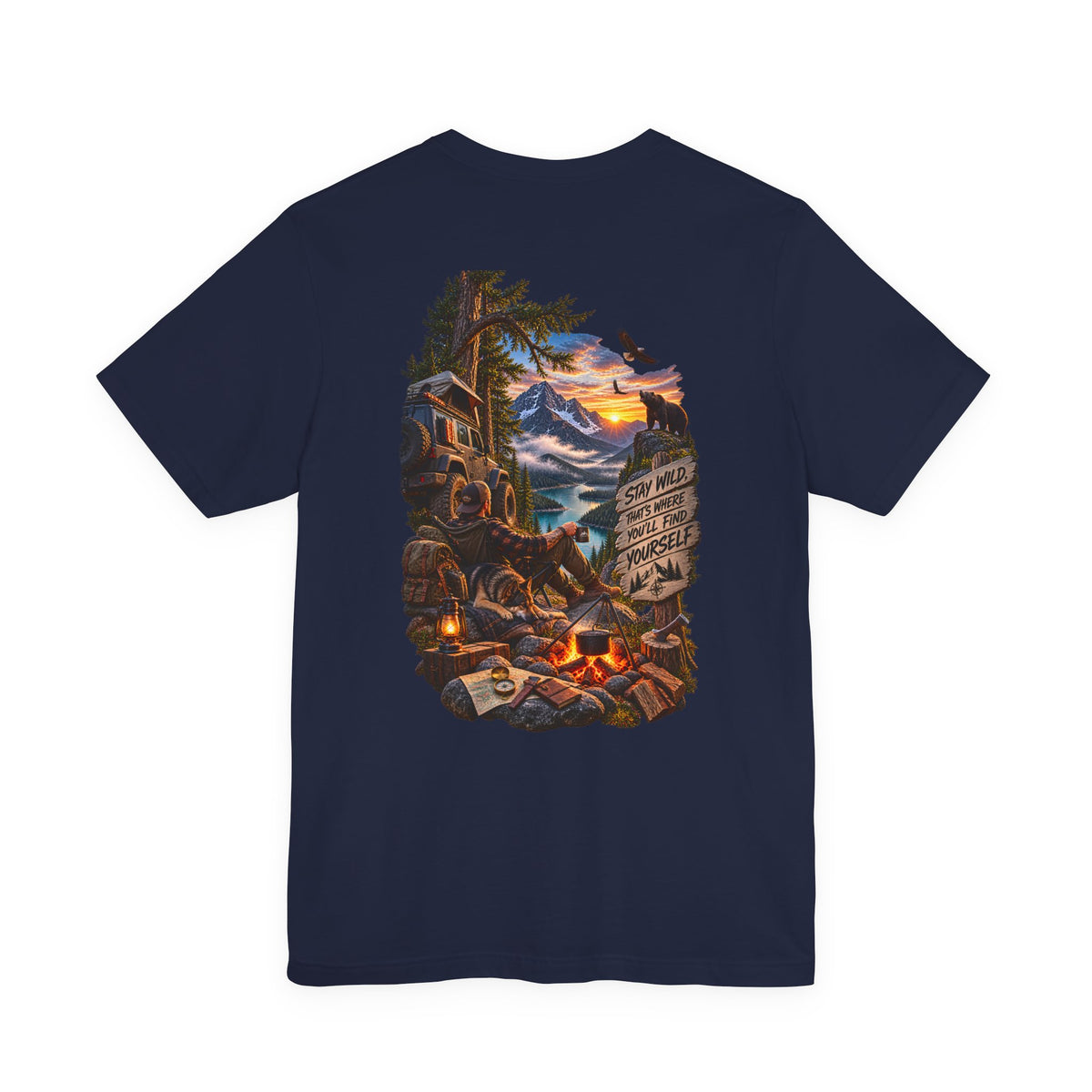 Camping Scene Backprint Tee — 'Stay Wild' Mountain Campfire Graphic T‑Shirt