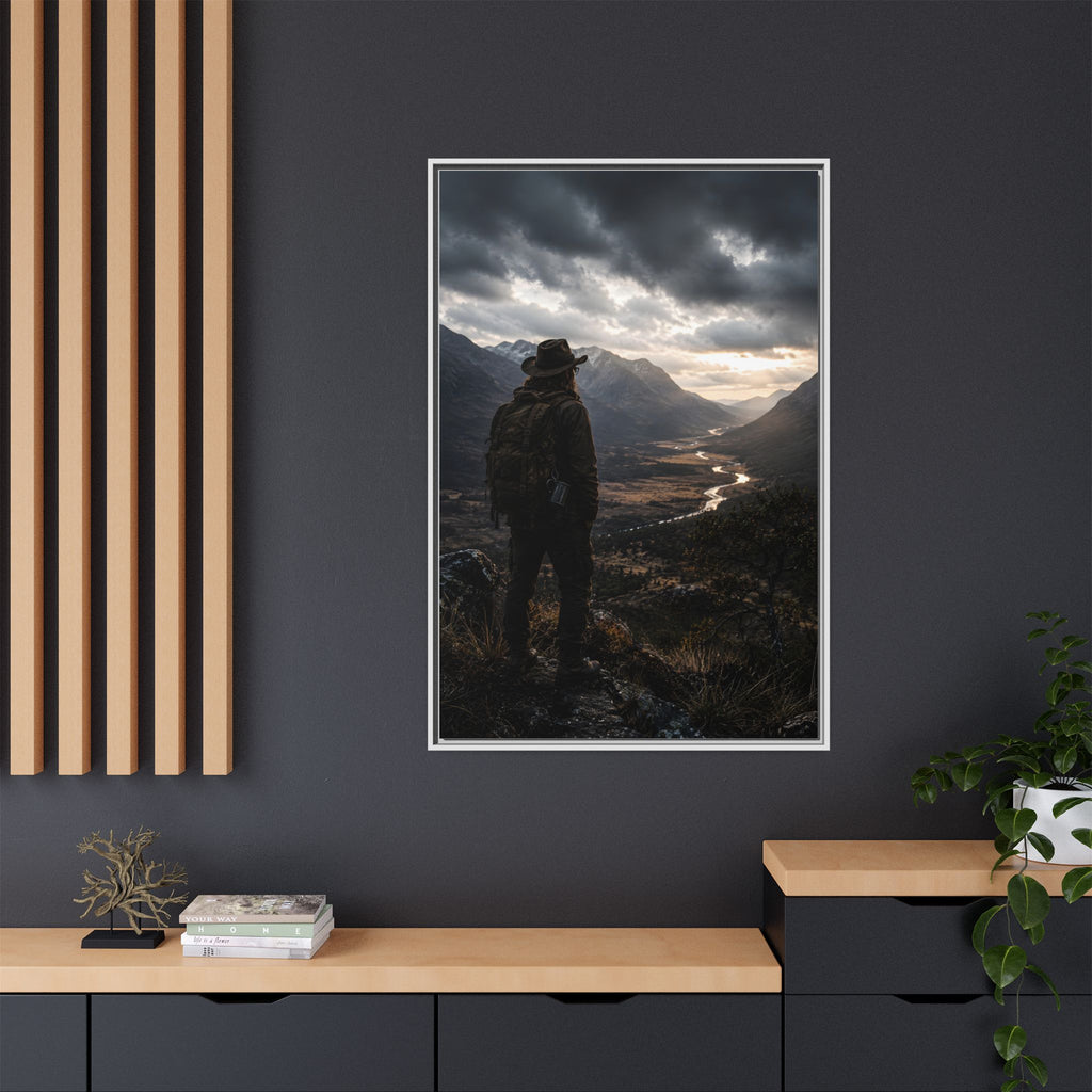 Wanderer in the Valley Matte Framed Canvas – Adventure Landscape Wall Art