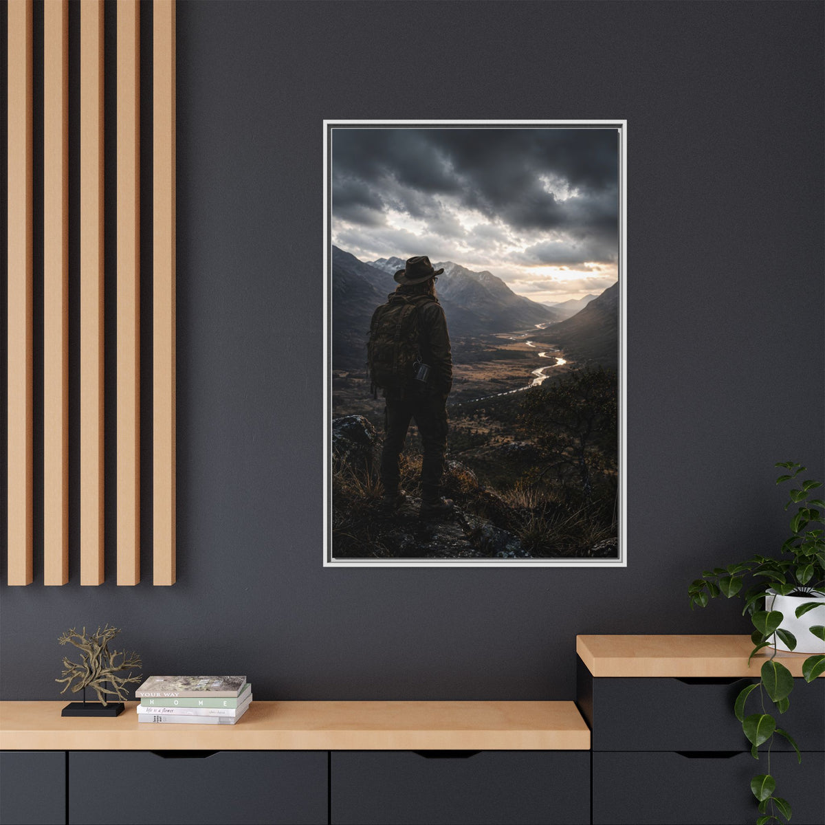 Wanderer in the Valley Matte Framed Canvas – Adventure Landscape Wall Art
