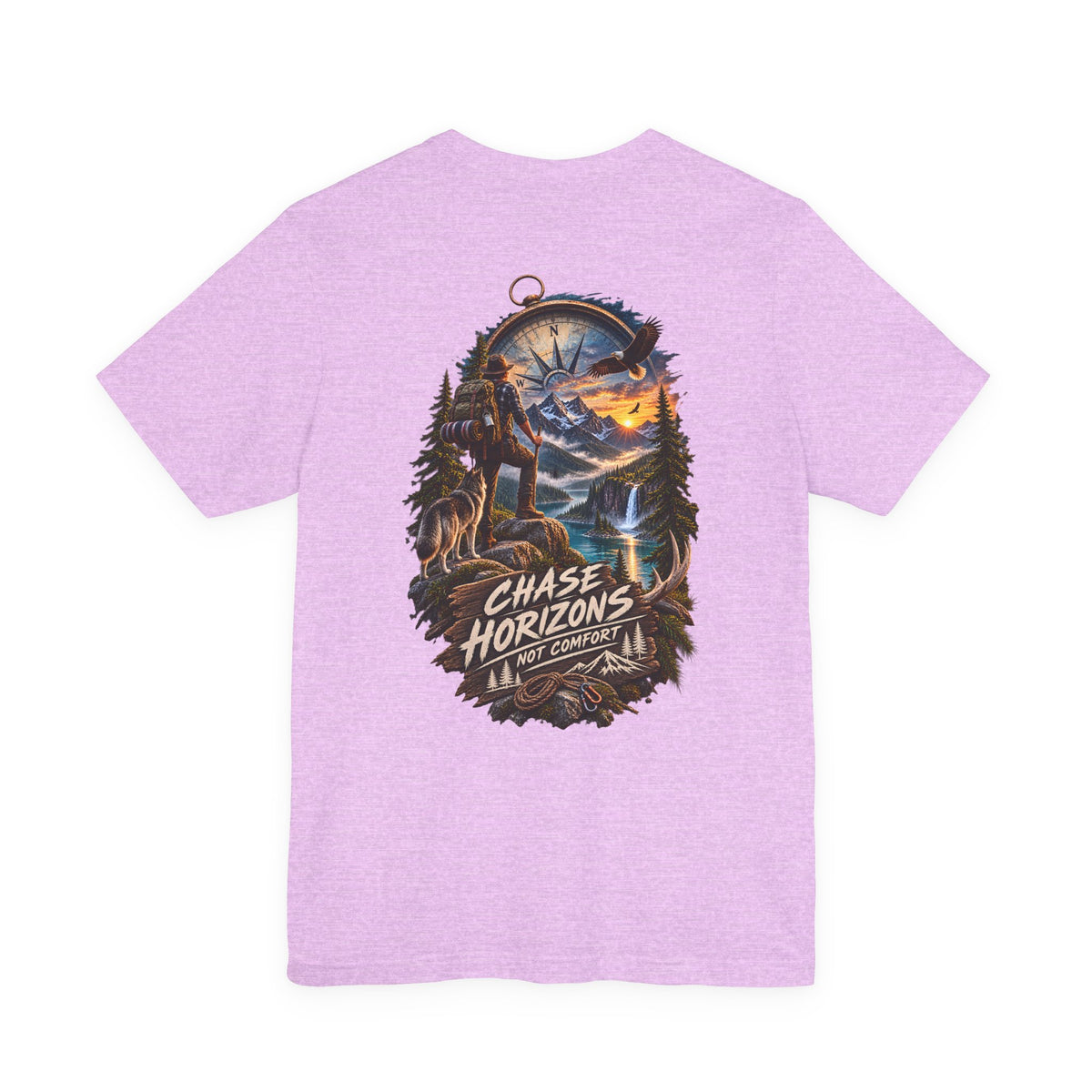 Chase Horizons Adventure T-Shirt — Scenic Back Graphic with 'Chase Horizons, Not Comfort'
