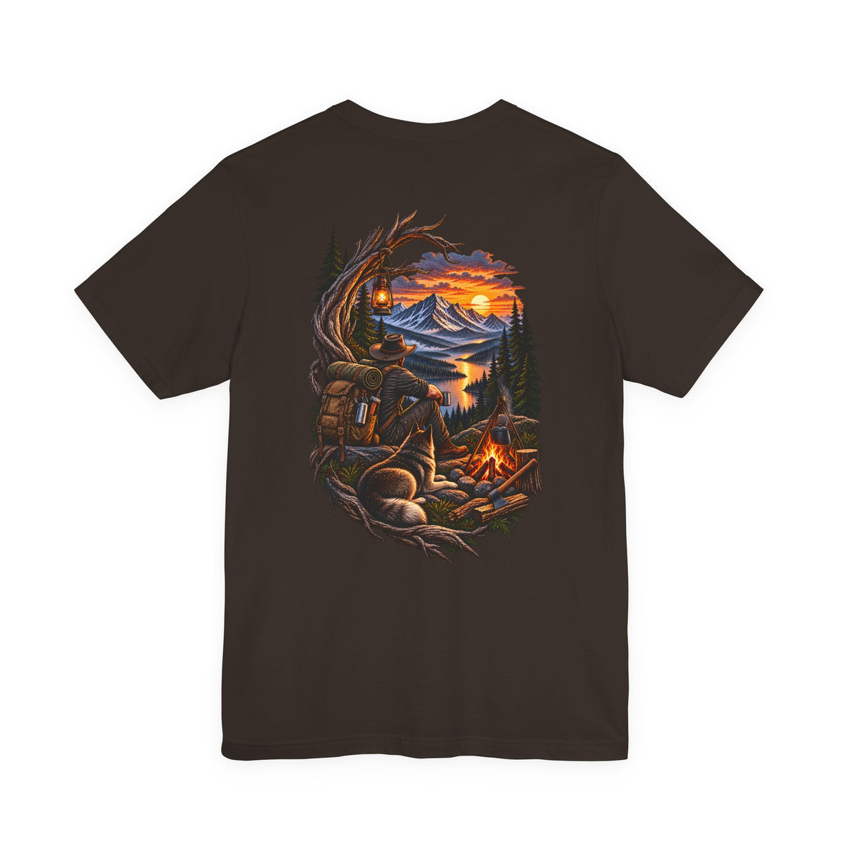 Camping Adventure T-Shirt — Mountain Sunset Campfire Graphic