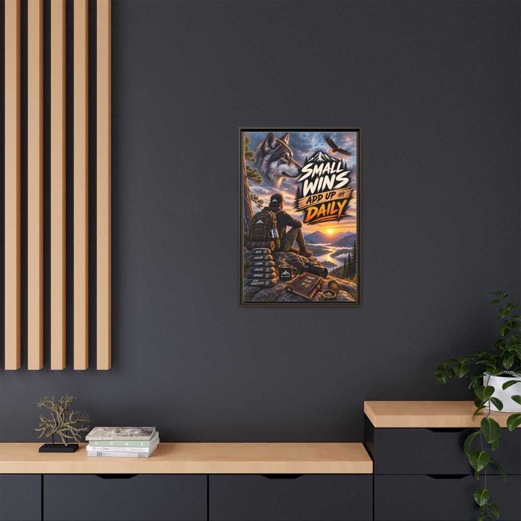 Small Wins Add Up Daily Framed Canvas Wall Art — Motivational Hiking Print
