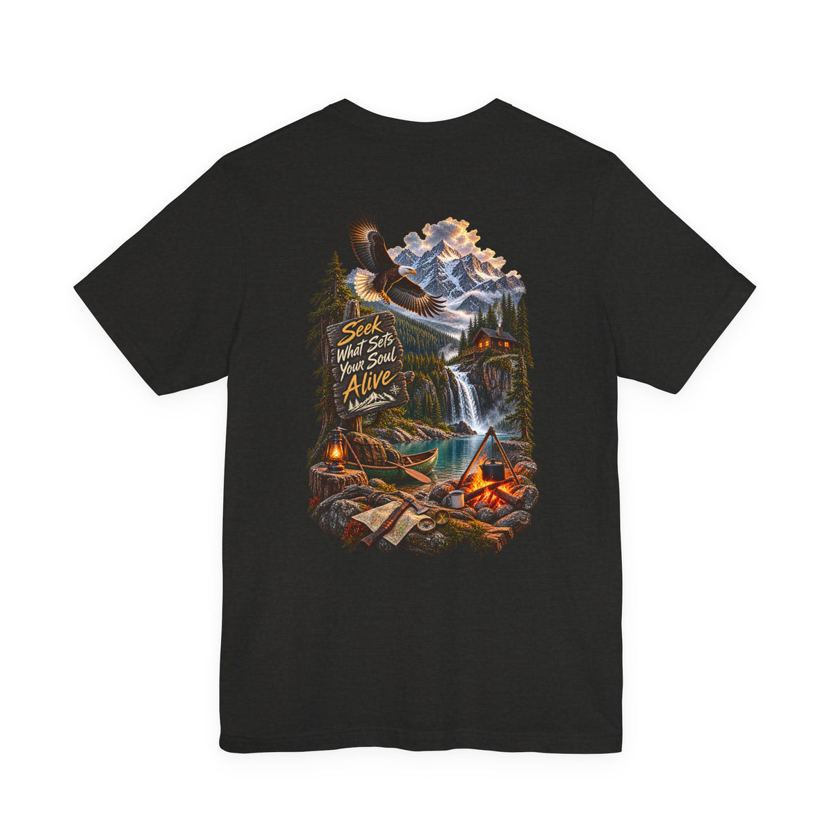 Adventure Tee — 'Seek What Sets Your Soul Alive' Mountain & Campback Graphic