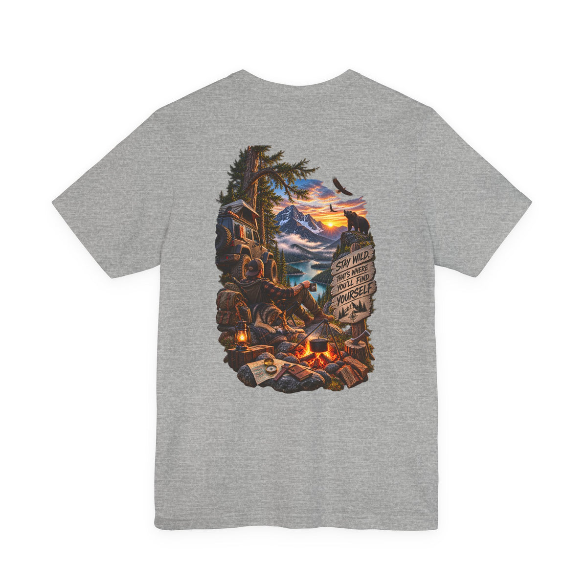 Camping Scene Backprint Tee — 'Stay Wild' Mountain Campfire Graphic T‑Shirt