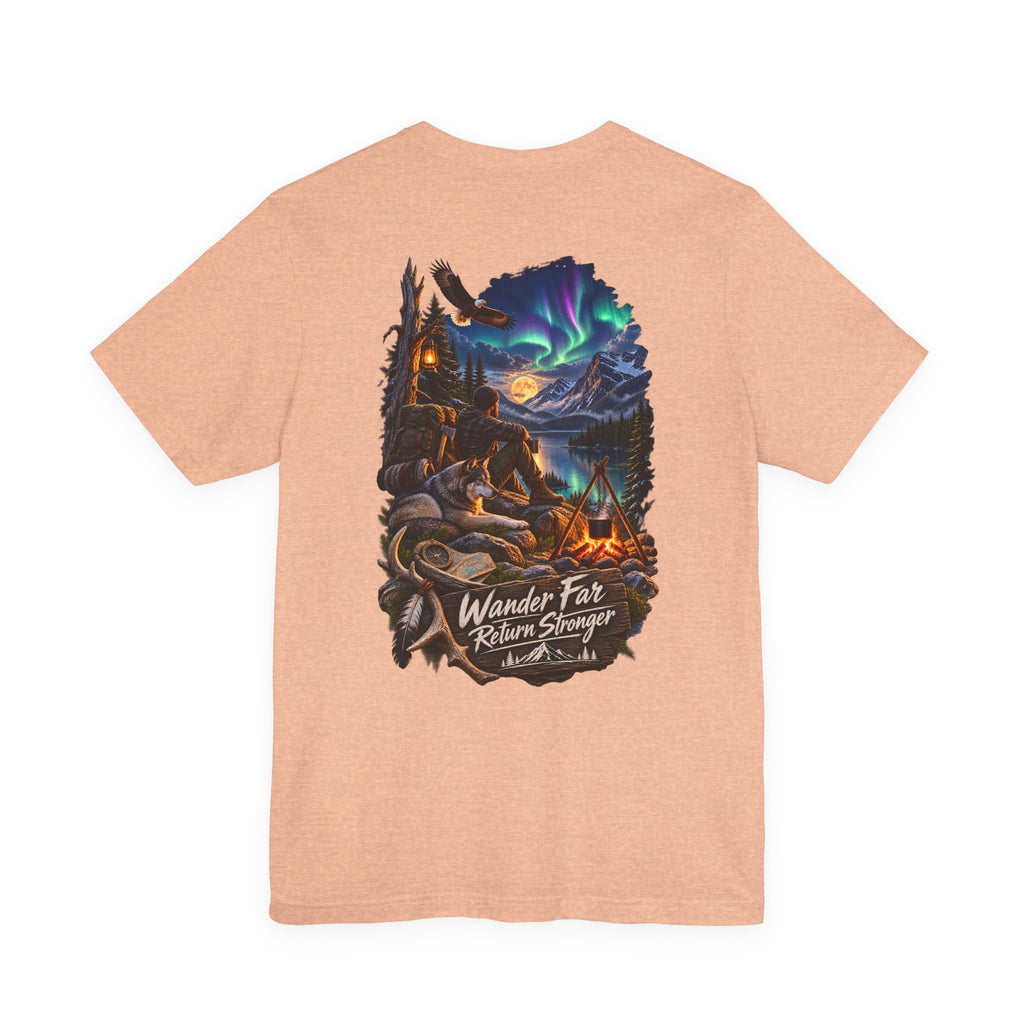 T-shirt de camp Wander Far, Return Stronger — T-shirt d'aventure aurores boréales