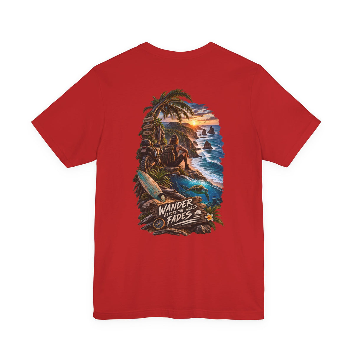 T-Shirt — "Wander Never Fades" Surf Sunset Graphic Tee