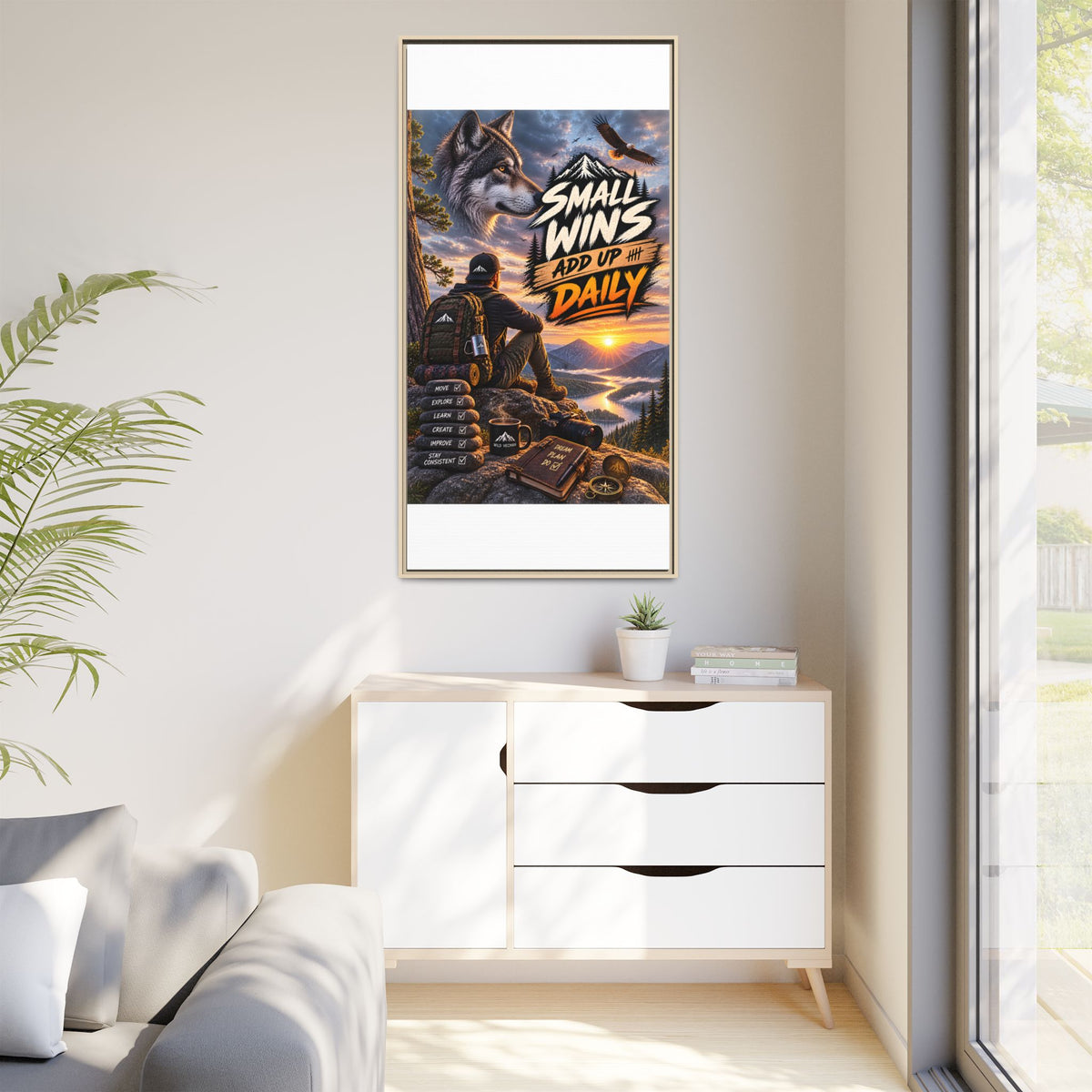 Small Wins Add Up Daily Framed Canvas Wall Art — Motivational Hiking Print