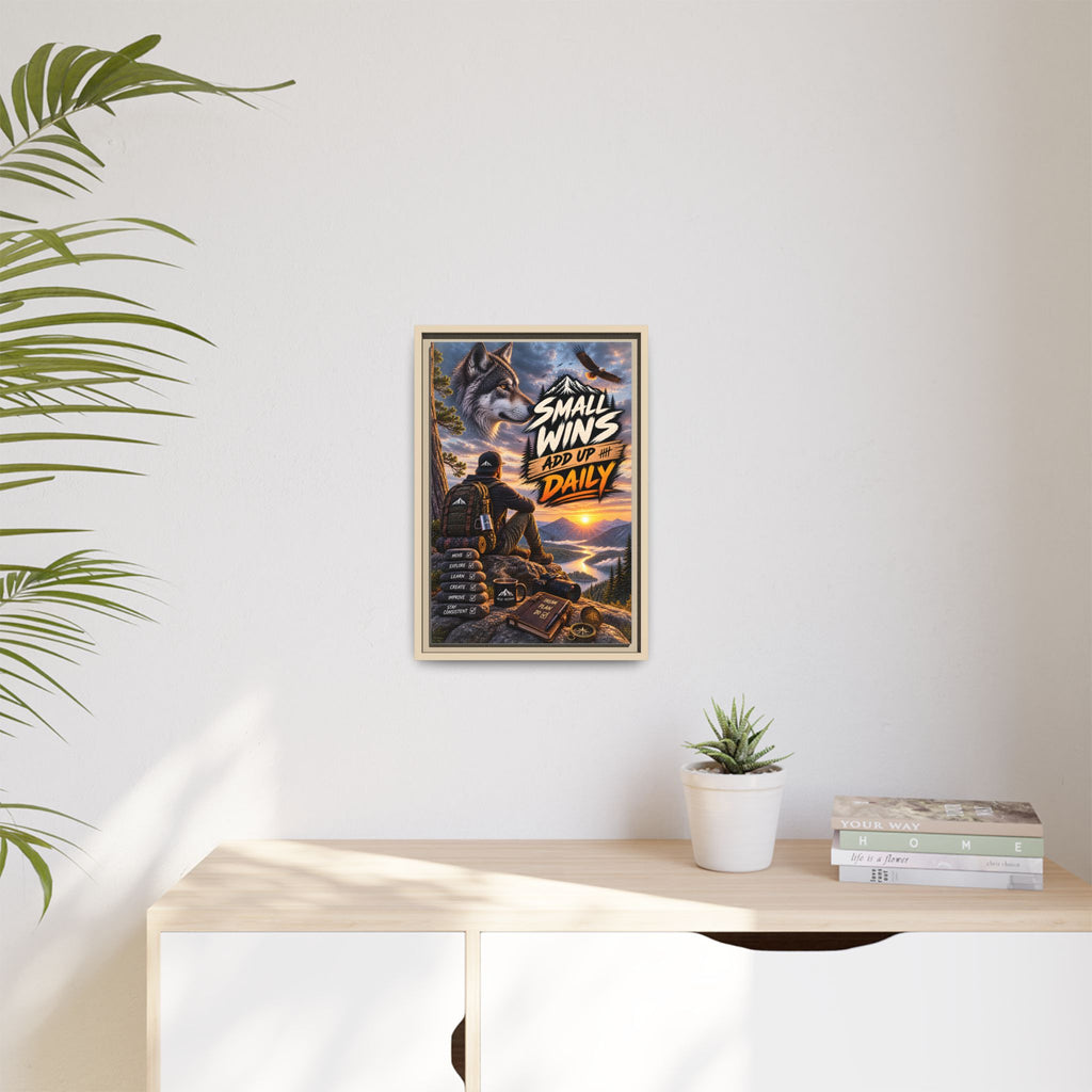 Small Wins Add Up Daily Framed Canvas Wall Art — Motivational Hiking Print