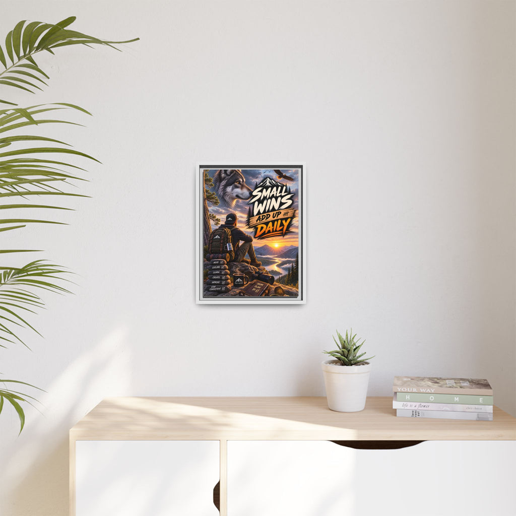 Small Wins Add Up Daily Framed Canvas Wall Art — Motivational Hiking Print