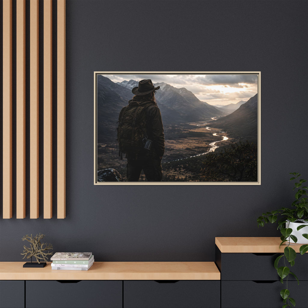 Wanderer in the Valley Matte Framed Canvas – Adventure Landscape Wall Art